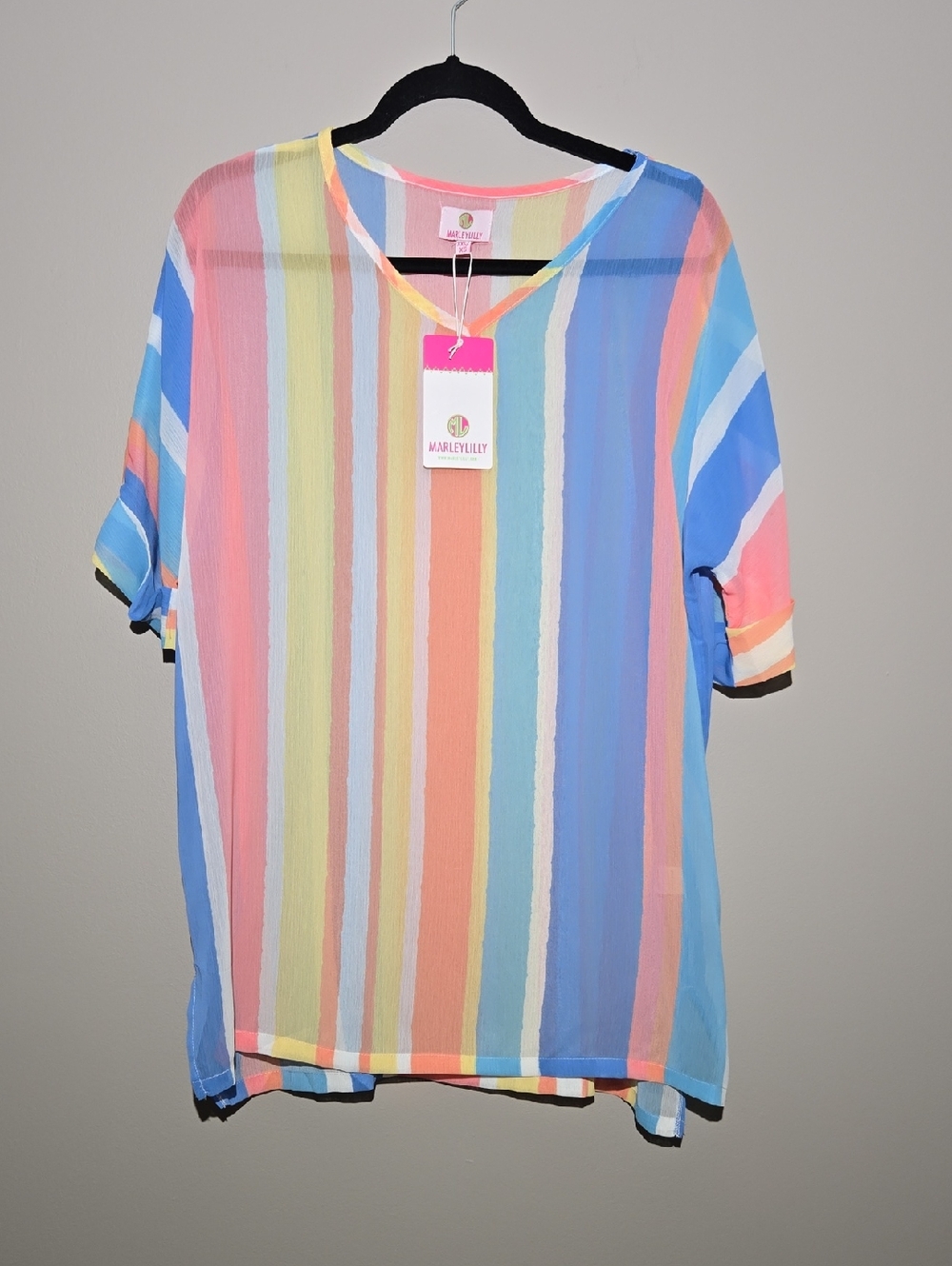 MarleyLilly Multicolor Pastel Striped Sheer V-Neck Top Swim Cover-up